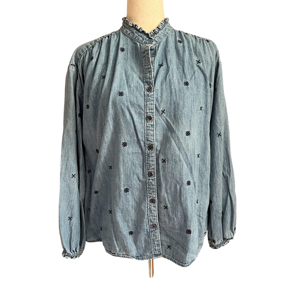 Style & Co Chambray Embroidered Button Front Blouse Prairie Boho Cottage Top M